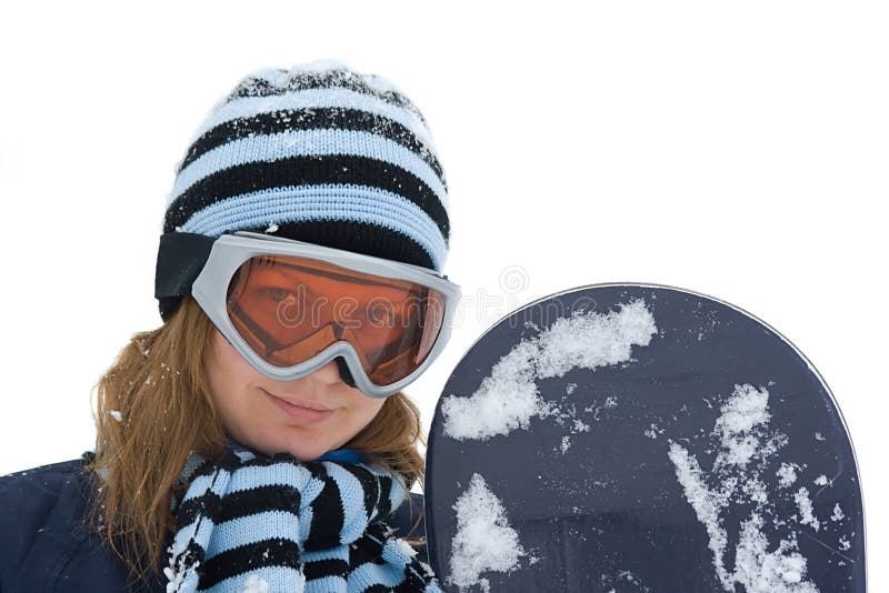 Young girl with snowboard.