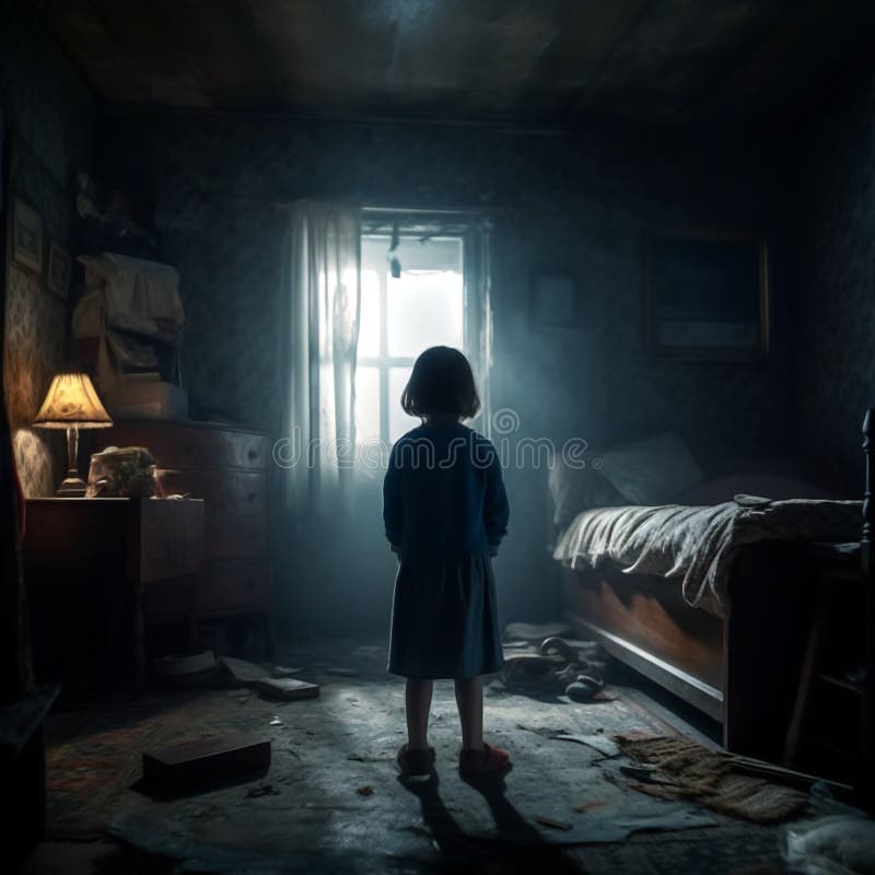 Young Girl Standing on the Floor of a Dark, Abandoned Room. Stock Illustration - Illustration of scared, sadness: 278415449