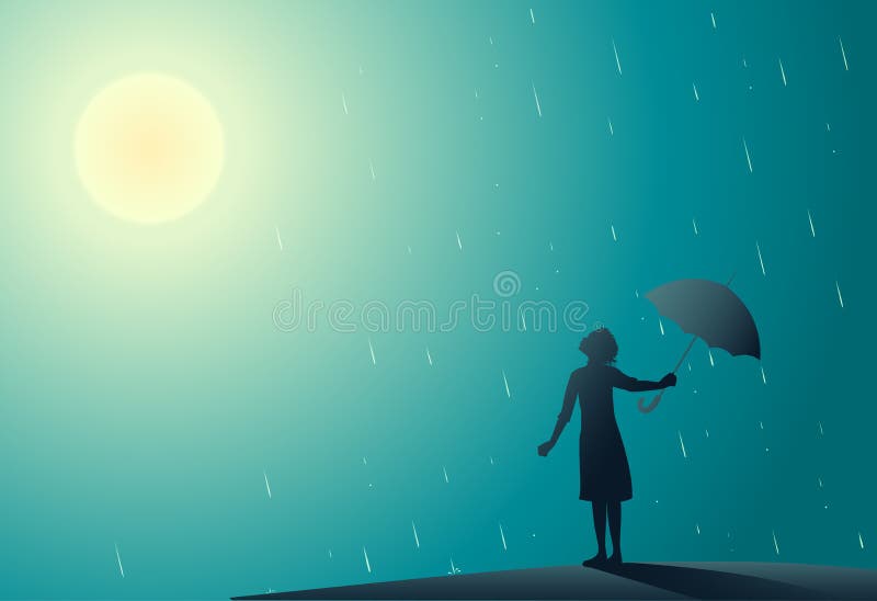 Young girl standing in the rain pulls aside umbrella to look at bright sun