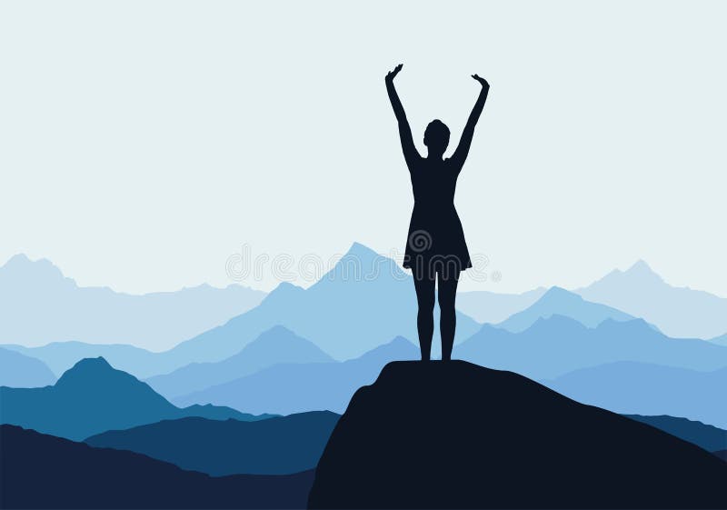 Young girl standing on rock and enjoying success in mountain lan