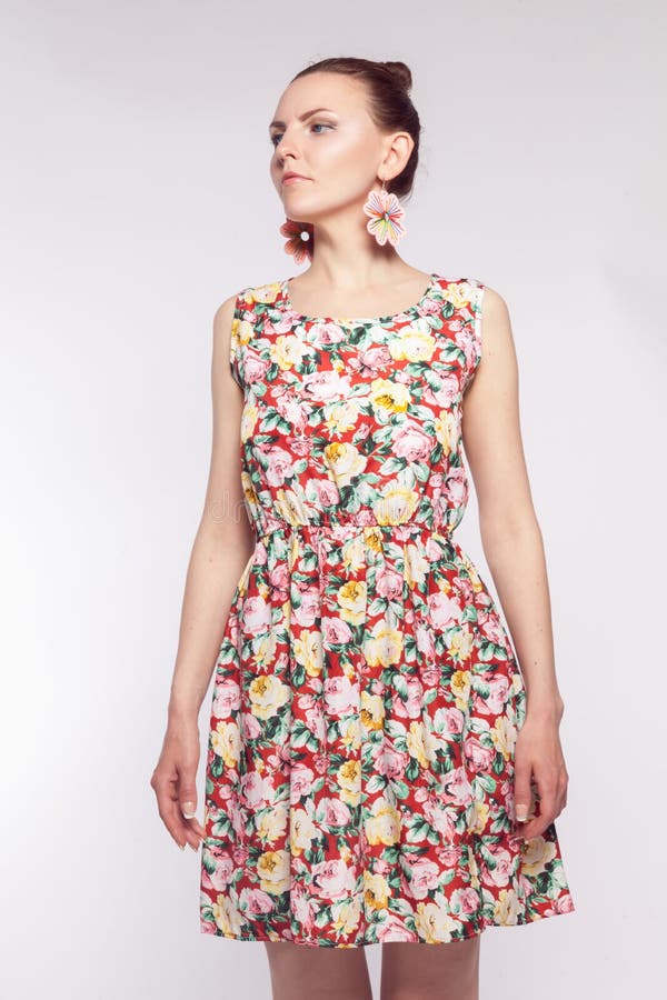 Young Girl in Summer Dress with Floral Pattern Stock Image Image of