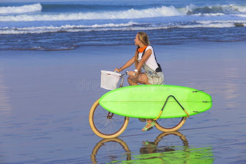 Young Girl with Surfboard and Bicycle Stock Image Image of bicycle, ocean 45284671