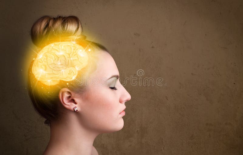 Young girl thinking with glowing brain illustration