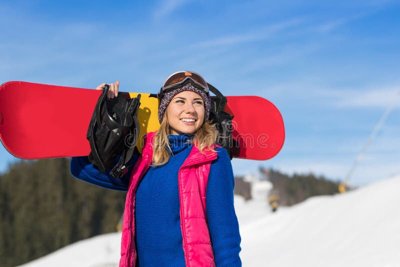 Young Girl Tourist Snowboard Ski Resort Snow Winter Mountain Happy Smiling Woman On Holiday