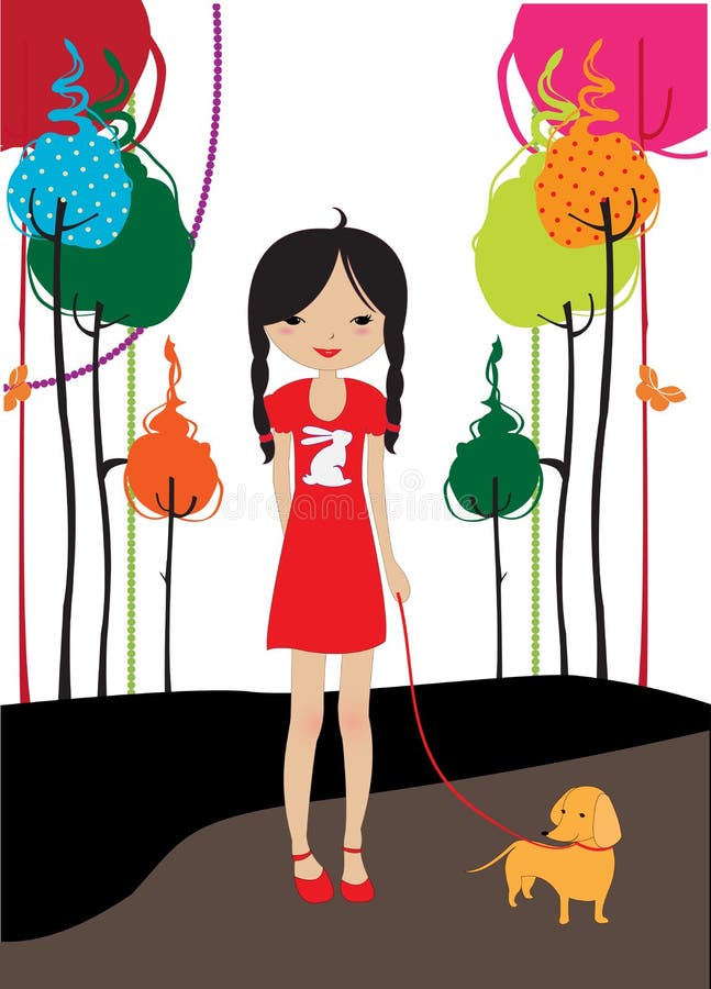 Young girl walking with the dog vector illustration