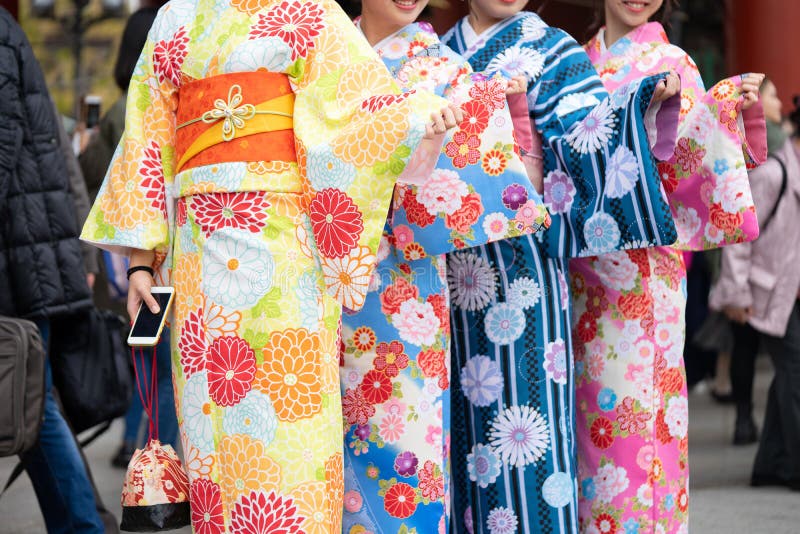 Young Girl Wearing Japanese Kimono Standing in Front of Sensoji Temple ...