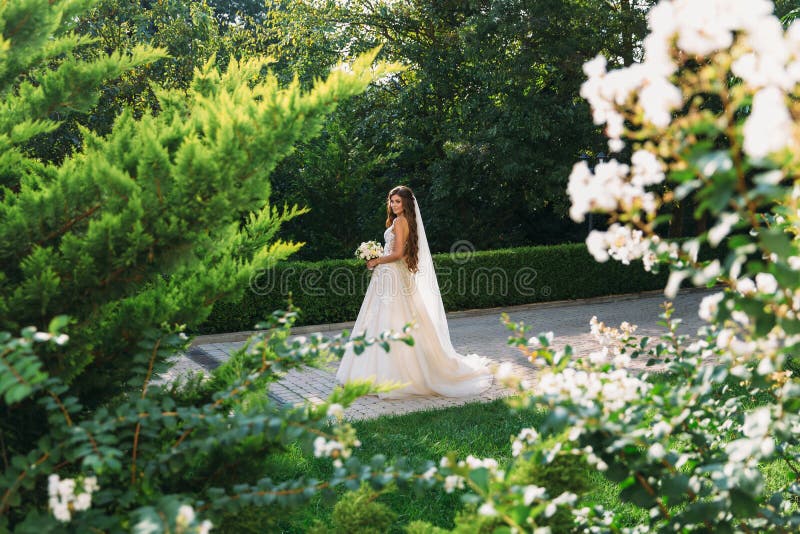 Girl Bride In Wedding Dress Posing At Meadow Stock Photo Image