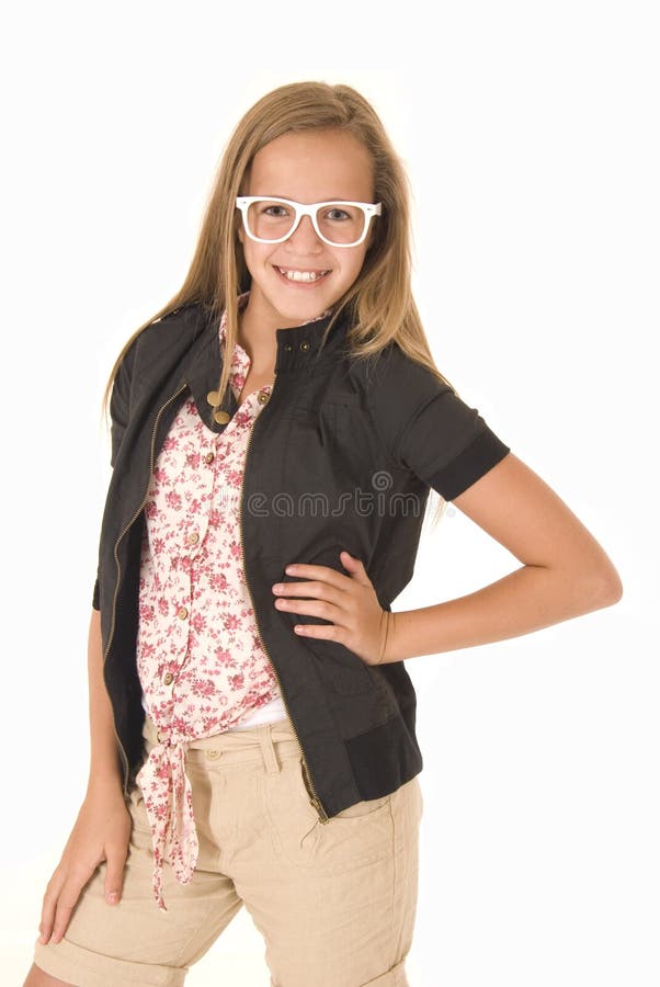 Young girl with white trendy glasses smiling hands on hips