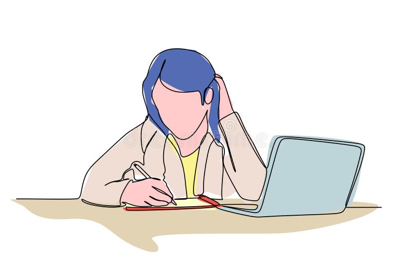Young girl writing on the paper while studying in front of a not book. Simple colored continuous one line drawing vector royalty free illustration