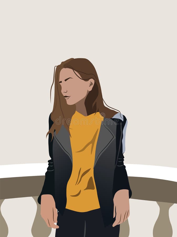 Young girl in yellow t-shirt and leather jacket leaning on ceramic railing vector illustration