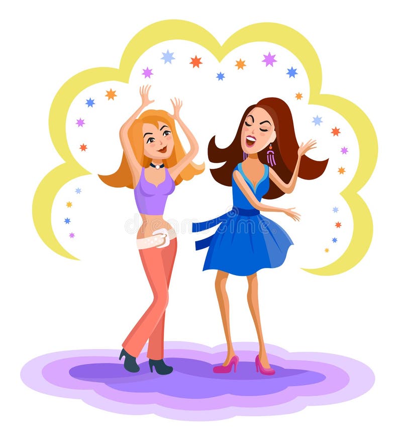 Young girls dancing at a disco in the club. Blond and dark haired, in short dresses and pants have fun at a party