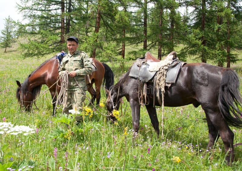 The young groom with two horses on a leash