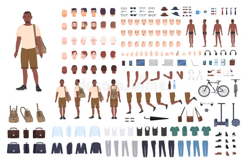 Young guy character constructor. Adult male creation set. Different postures, hairstyle, face, legs, hands, clothes vector illustration Young guy character constructor. Adult male creation set. Different postures, hairstyle, face, legs, hands, clothes vector illustration
