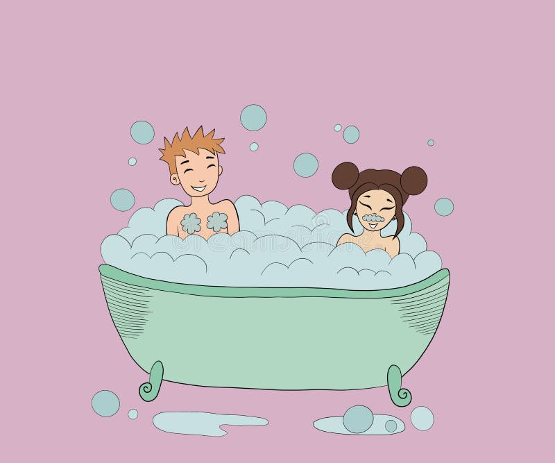 Young Guy With A Girl Sit In A Bath With Foam And Bubbles Laugh They 