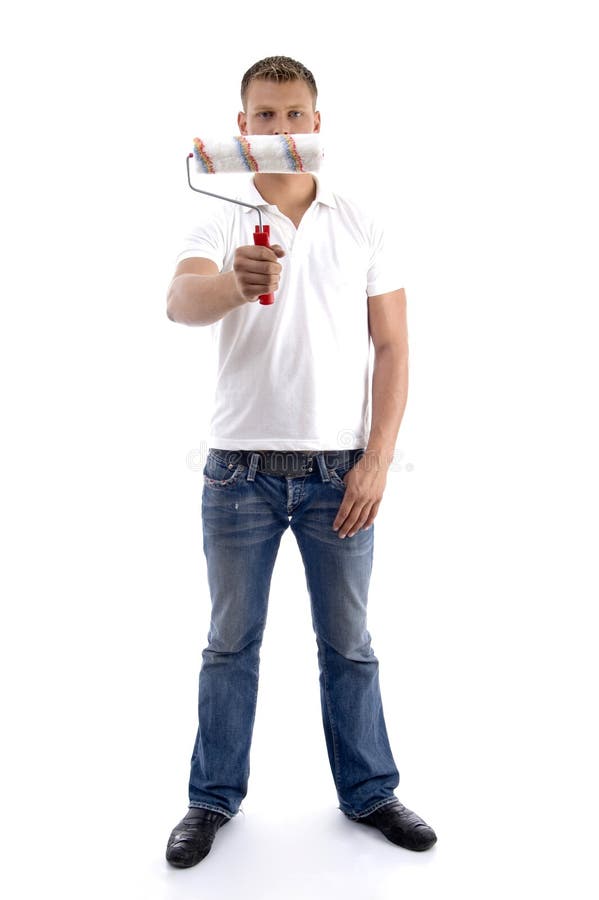 Young Guy Holding Painting Brush Stock Image Image of indoors, strong