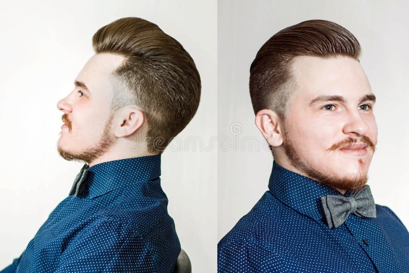 Young Guy with Pompadour Haircut, Dressed in Blue Shirt with a Serious Face.  Real Photo Hair for Barbershop, Set Stock Photo - Image of model,  hairstylist: 185507292