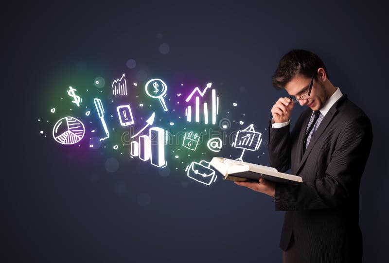 Young guy reading a book with business icons royalty free stock images Young guy reading a book with business icons royalty free stock images