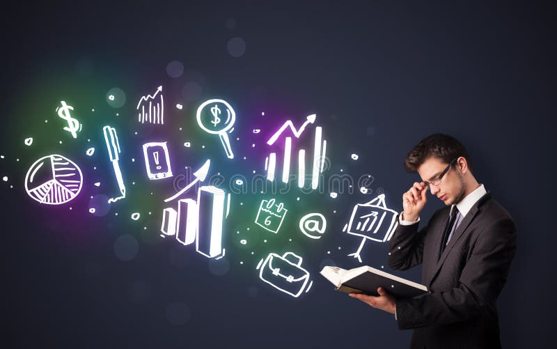 Young guy reading a book with business icons stock image Young guy reading a book with business icons stock image