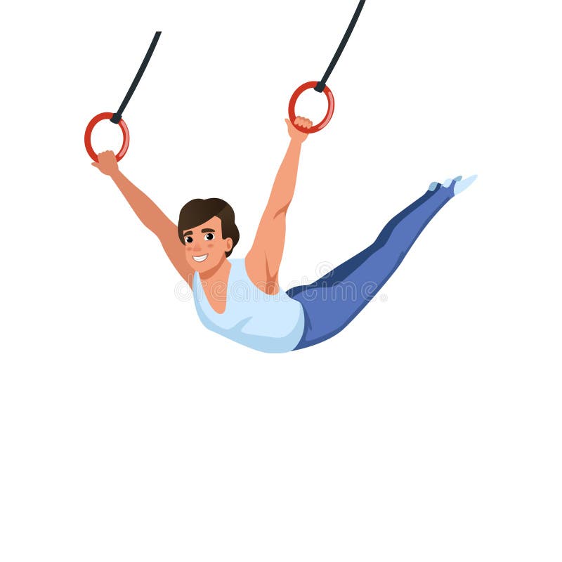 Young guy training on rings apparatus. Artistic gymnastics. Individual Olympic sport. Cartoon sportsman in gymnast