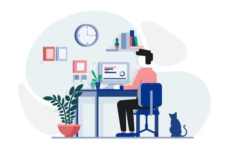 Young guy working at the computer. stock illustration