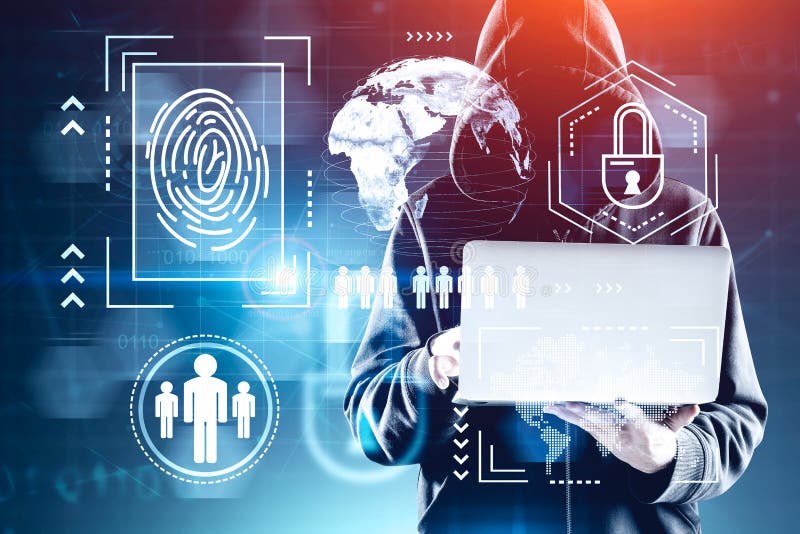 Young hacker with laptop, cyber security interface stock image