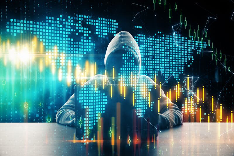 Young hacker using laptop with digital global forex falling chart royalty free stock photography