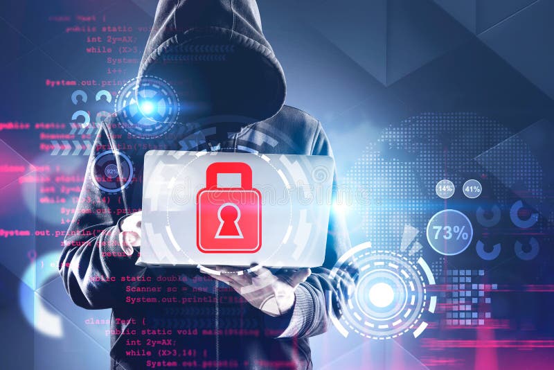 Hacker using laptop with cyber security interface royalty free stock image