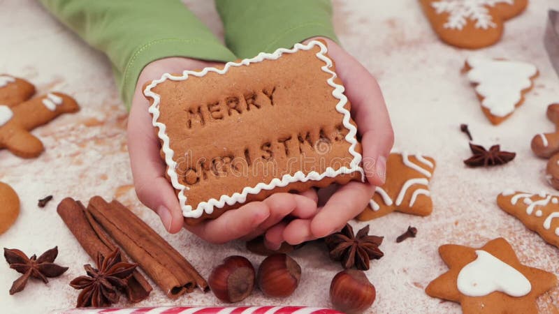 Young hands holding gingerbread christmas cookie stock video footage