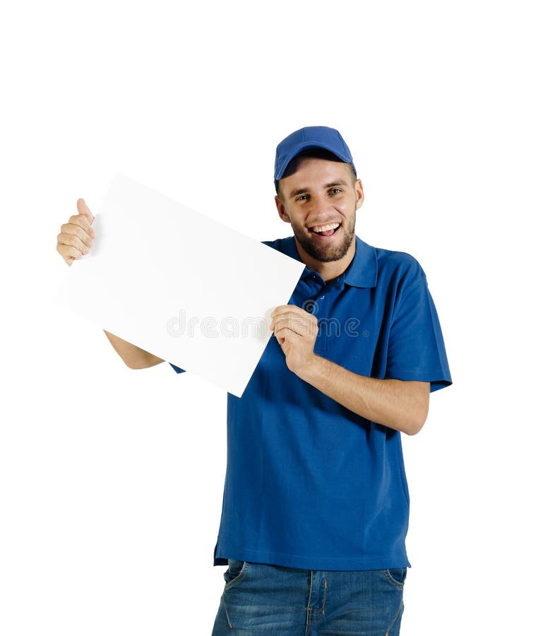 White notice. Man holding Board.