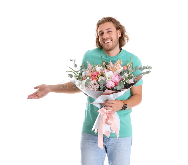 Young handsome man with beautiful flower bouquet