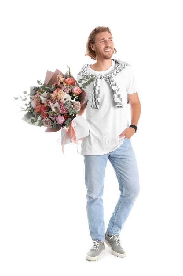 Young handsome man with beautiful flower bouquet