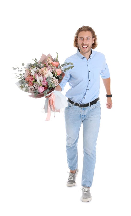 Young handsome man with beautiful flower bouquet