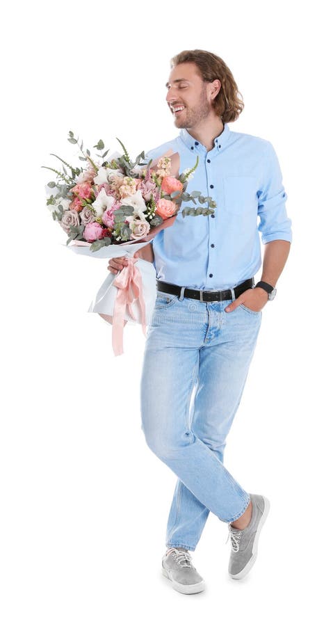 Young handsome man with beautiful flower bouquet