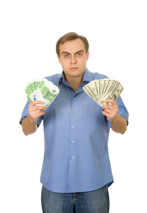 Young handsome man with money. Isolated on white.