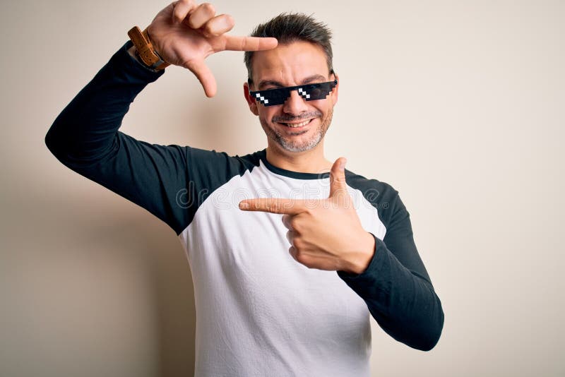 Young Handsome Man Wearing Funny Thug Life Sunglasses Meme Over White Background Smiling Making Frame with Hands and Fingers with Stock Image - Image of beard, funny: 228300499 Young Handsome Man Wearing Funny Thug Life Sunglasses Meme Over White Background Smiling Making Frame with Hands and Fingers with Stock Image - Image of beard, funny: 228300499