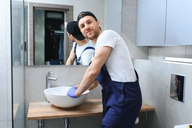 Young Handyman Installing Sink in Bathroom Stock Photo Image of adult