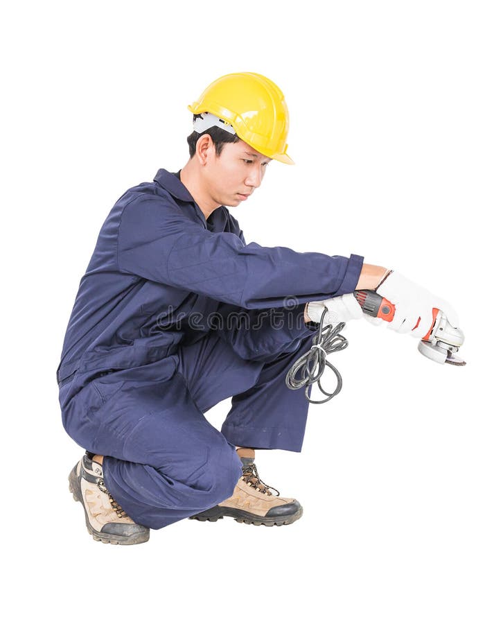 Young handyman in uniform hold grinder