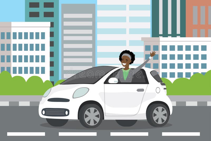 Young happy african american woman auto driver rides in white car,City view with houses and skyscrapers on the background,flat vector illustration