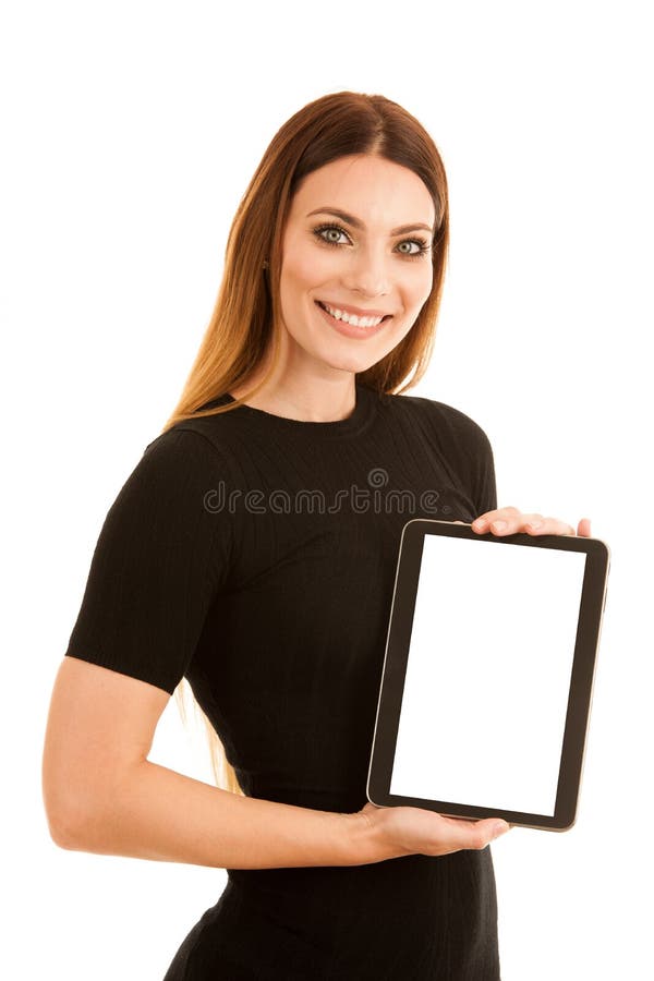 Young happy business woman shows a tablet wth blank display isolated over white background royalty free stock photo Young happy business woman shows a tablet wth blank display isolated over white background royalty free stock photo