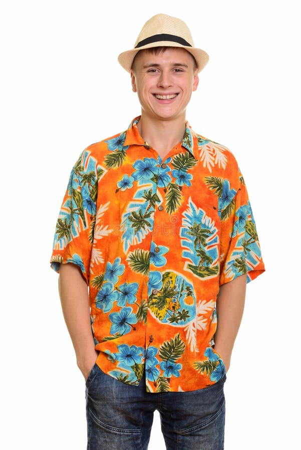 Young happy Caucasian tourist man smiling and wearing hawaiian shirt stock photo Young happy Caucasian tourist man smiling and wearing hawaiian shirt stock photo