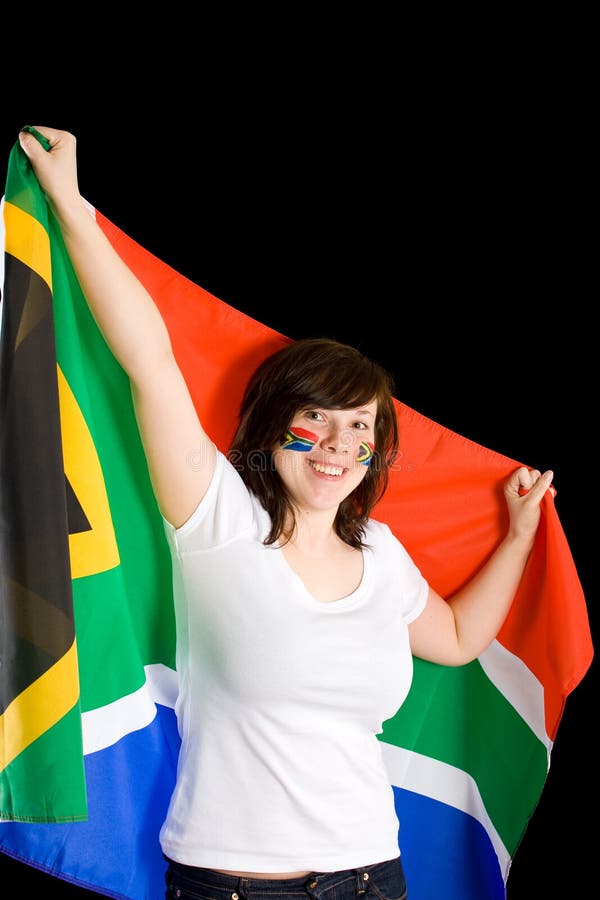 Young happy and cheerful female, south africa flag