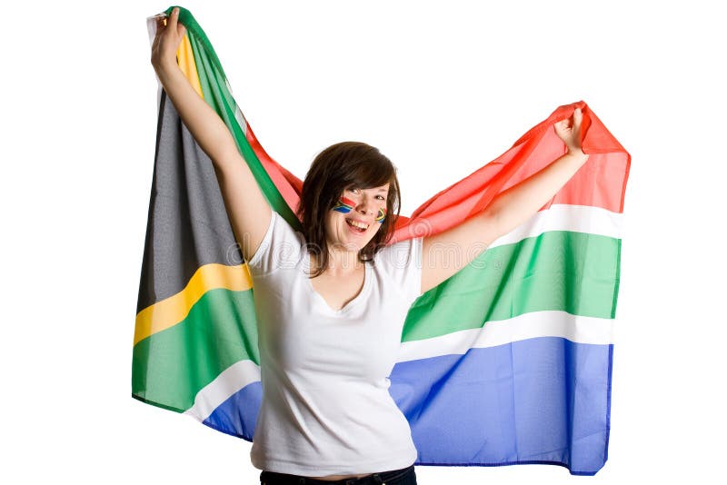 Young happy and cheerful female, south africa flag