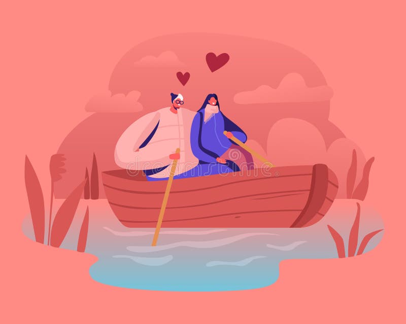 Young Happy Couple of Man and Woman Floating Boat at Water Surface. Male and Female Characters Hugging
