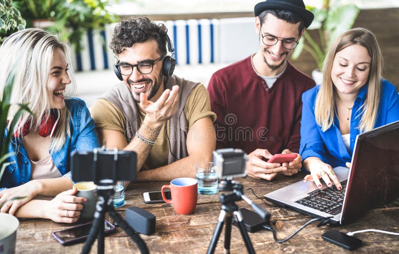 Young happy friends sharing content on streaming platform with digital web camera - Modern marketing concept with millenials royalty free stock photos Young happy friends sharing content on streaming platform with digital web camera - Modern marketing concept with millenials royalty free stock photos