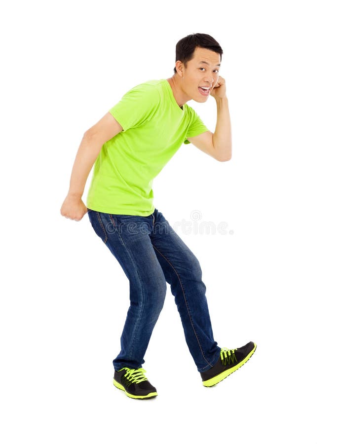 Young happy man raise hand and funny pose stock photos Young happy man raise hand and funny pose stock photos