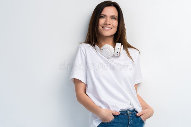 Young Happy Music woman isolated portrait. Female model studio isolated. Beautiful girl