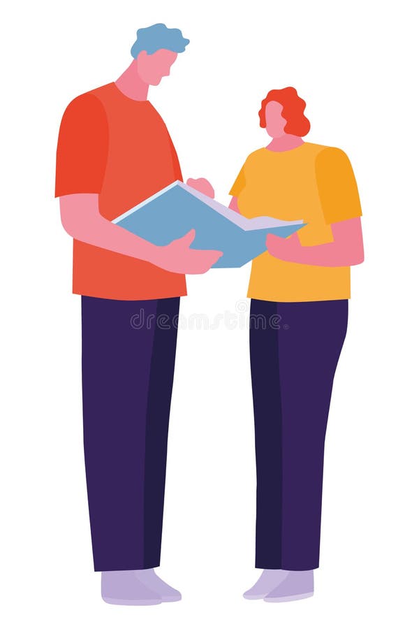 Young happy students with book over white background. Vector illustration in a flat cartoon style