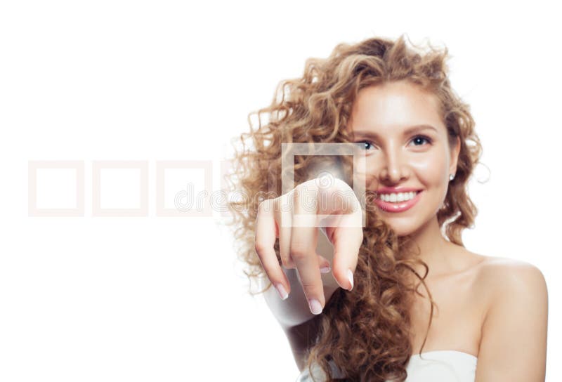 Young happy woman pointing finger and voting isolated on white background