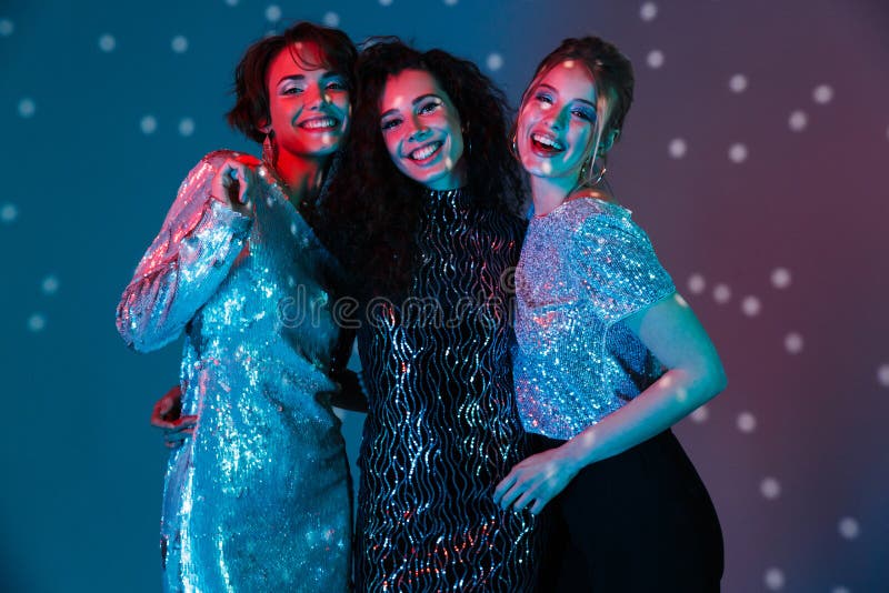 Young Happy Women Posing Isolated with Disco Ball Lights Stock Photo ...