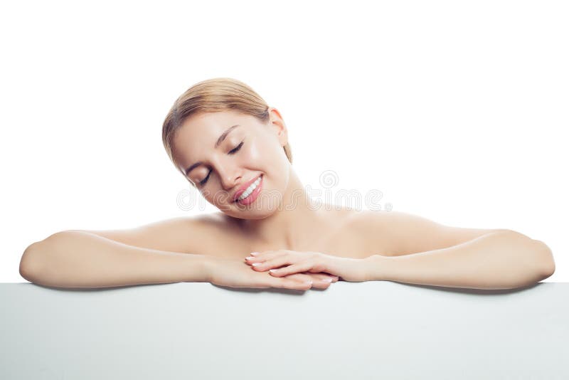 Young healthy woman resting on white banner background royalty free stock photography Young healthy woman resting on white banner background royalty free stock photography